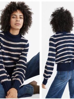 Madewell Metcalf Mock Neck Navy and Cream Striped Sweater Coastal Wool blend Med